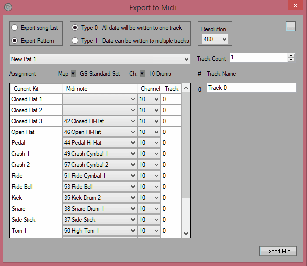 Export to MIDI dialog