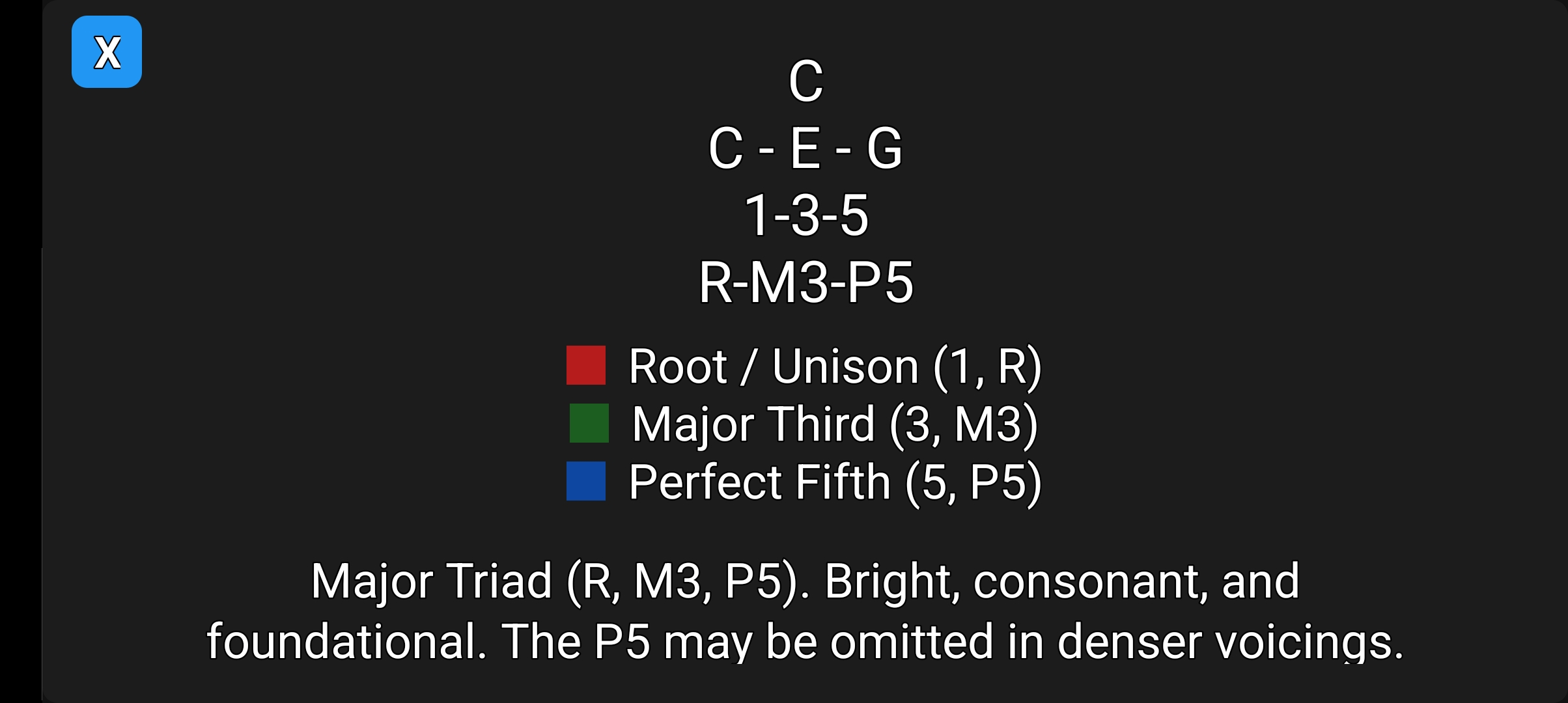 Chord information screen showing intervals and degrees for C major
