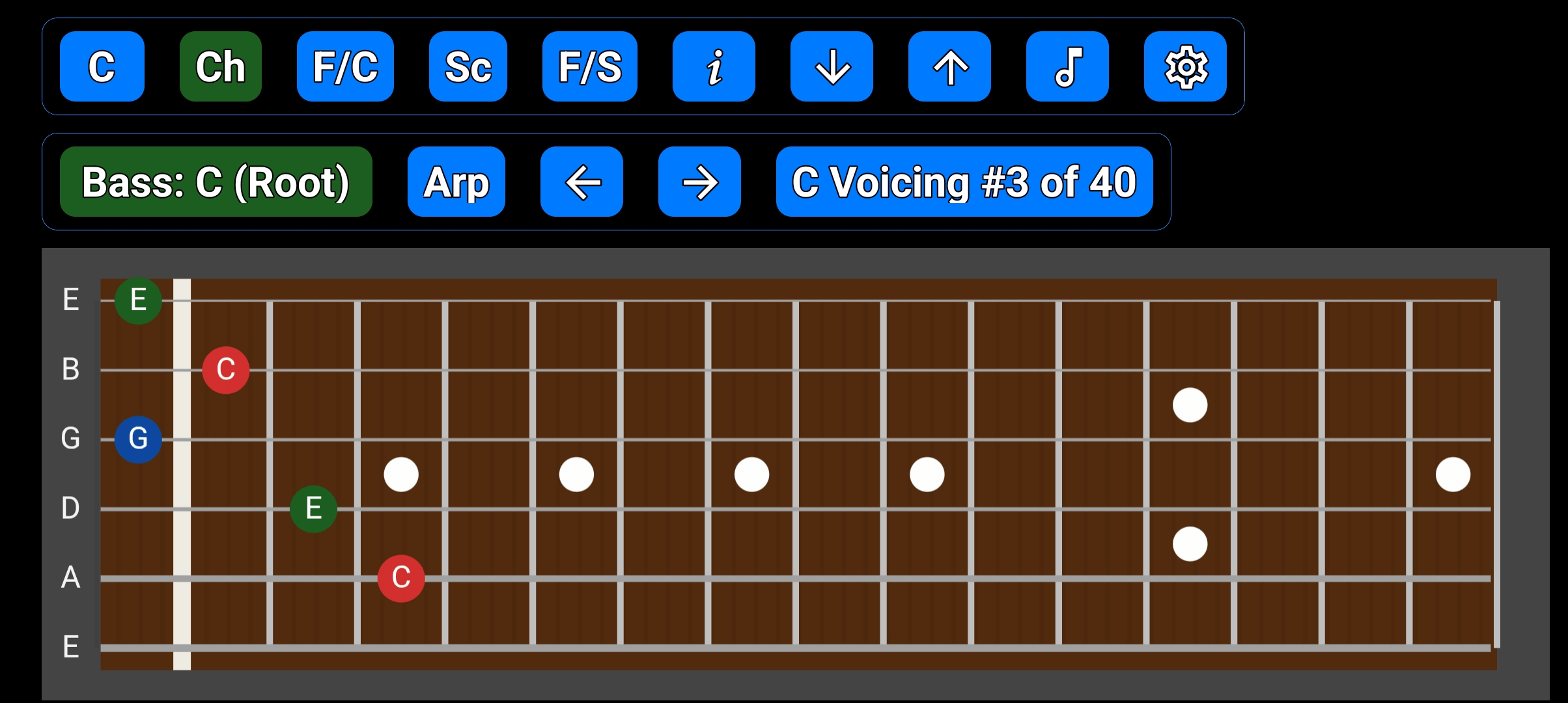 C major chord displayed on the virtual guitar fretboard