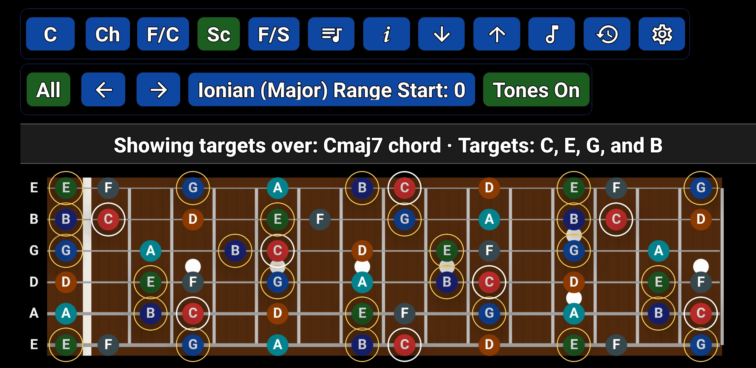 Chord tones highlighted inside a guitar scale for soloing and improvisation
