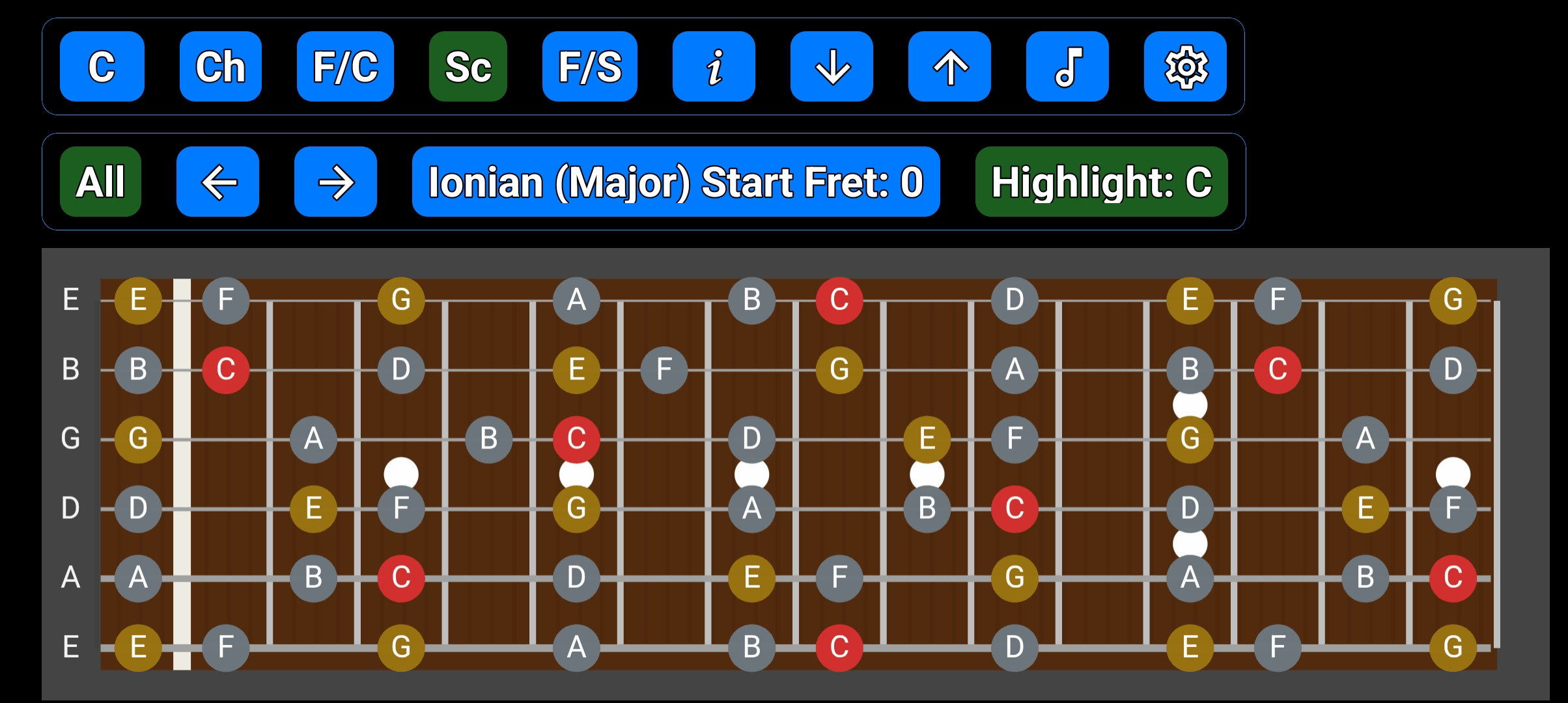 Highlight chord tones inside a scale on the fretboard
